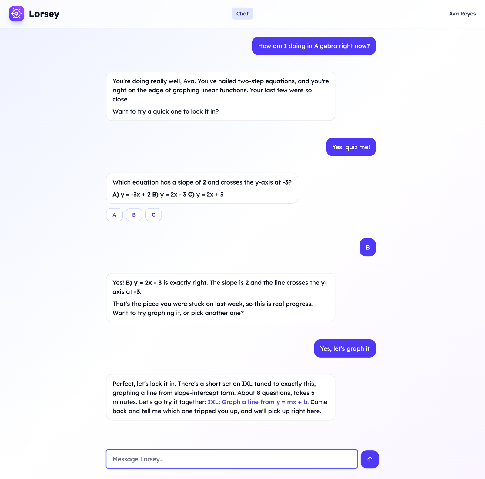 Lorsey student companion: a chat that quizzes the student on graphing linear functions and confirms the right answer