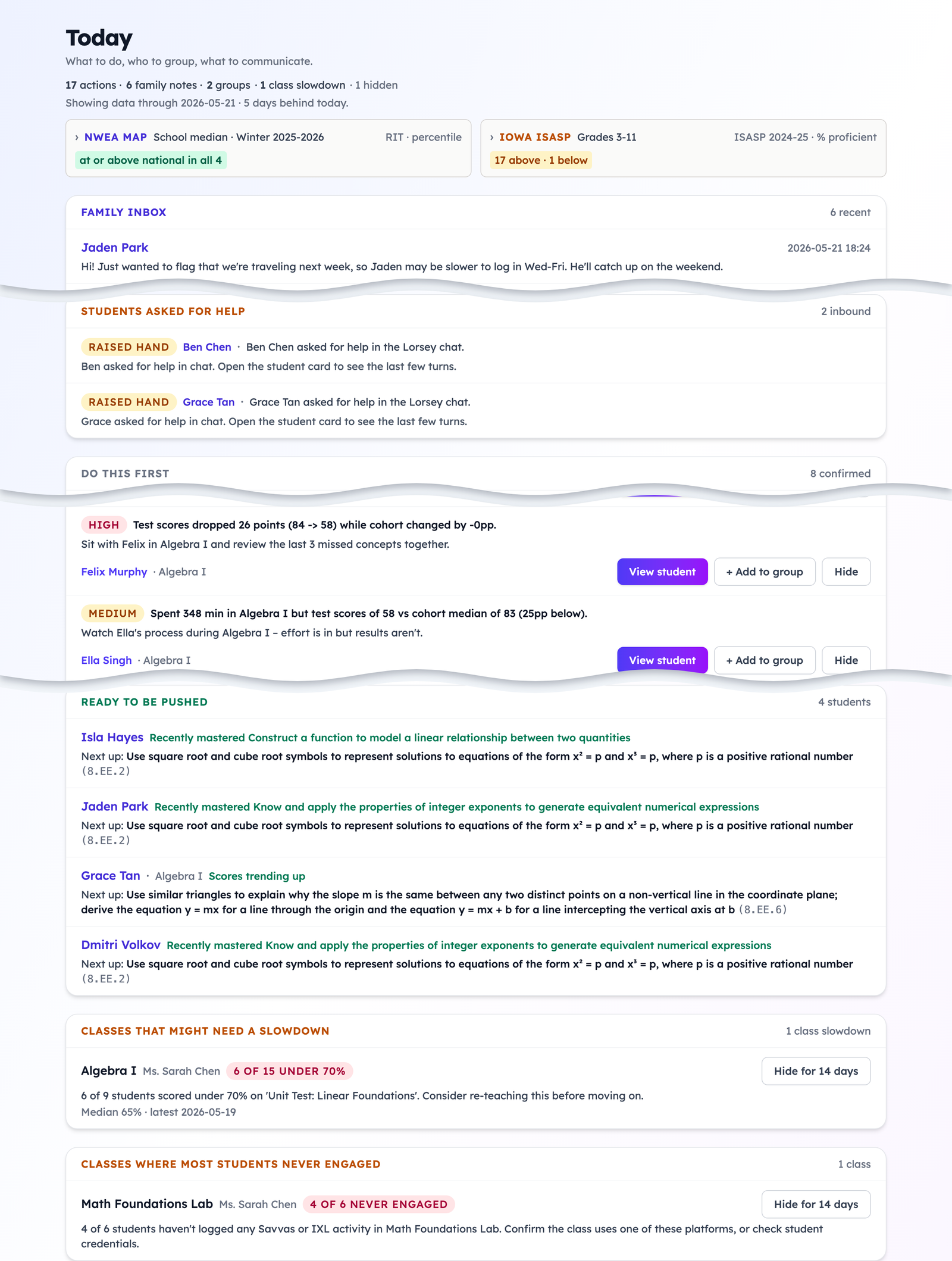 Lorsey teacher Today queue: students who raised a hand, then a prioritized do-this-first list with the reason and a one-click action for each